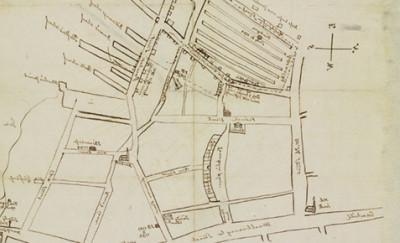 A hand-drawn map sketched in ink showing a closeup of streets in Boston